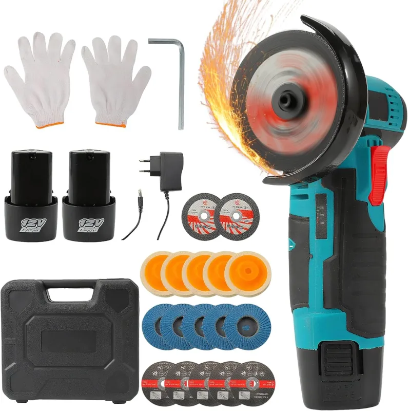 Mini amoladora angular inalámbrica 19.500 RPM,disco 76 mm, 12 V disco inalámbrico con 2 baterías 2000 mAh,17 discos de corte para molienda, pulido, corte (blue)