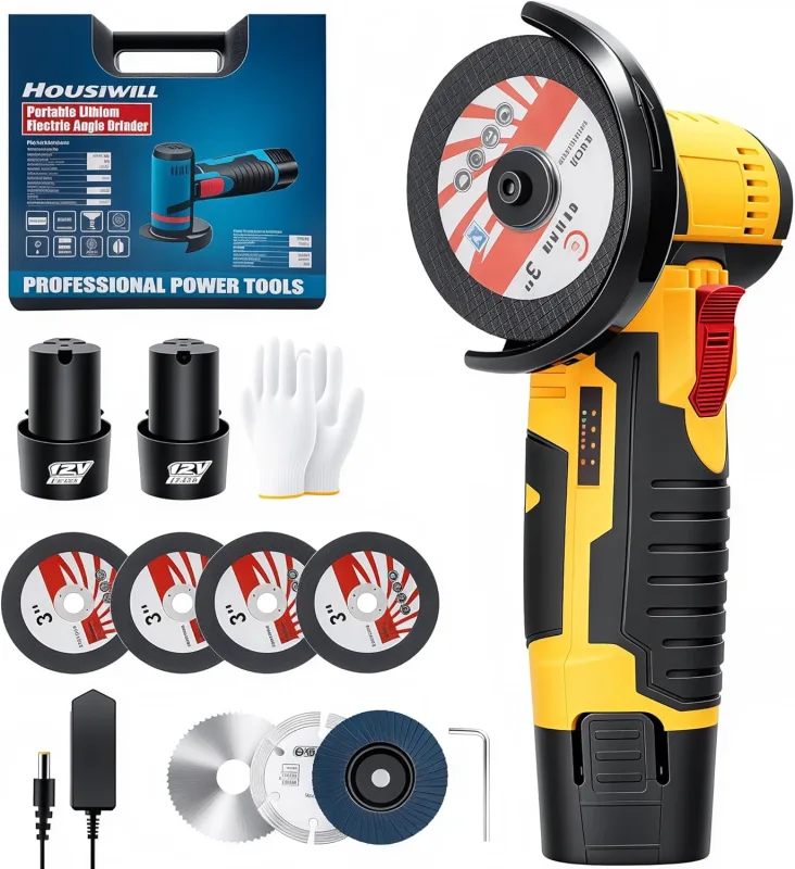 Mini Amoladora Angular, Radial de Batería 19500 RPM, 76mm Amoladora Profesional, con 2 Baterías, 7 Discos Corte, ara Esmerilar, Pulir, Cortar
