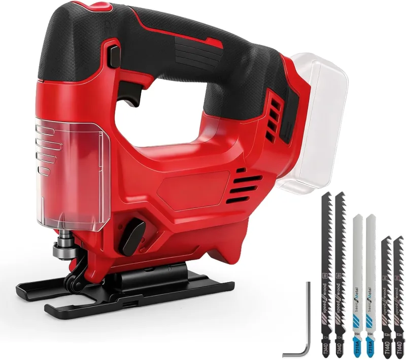 Sierra de calar inalámbrica de 420 W para batería Milwaukee de 18 V (sin baterías), motor sin escobillas 800-3500 RPM, ángulo de biselado máximo de 45°, carrera de corte de 26 mm, 6 cuchillas