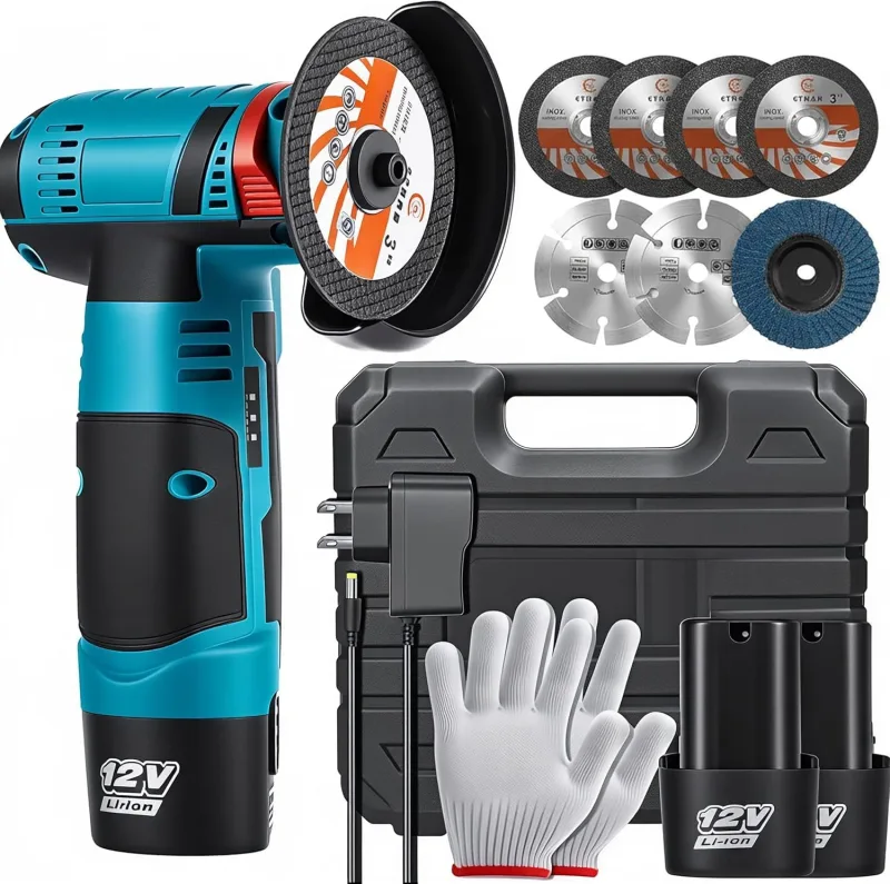 Mini amoladora angular inalámbrica, 12V Amoladora Bateria, 19500RPM, 2 Baterías, 7 Discos de Corte, 76mm Amoladora Pequeña Eléctrica Para Esmerilar, Pulir, Cortar