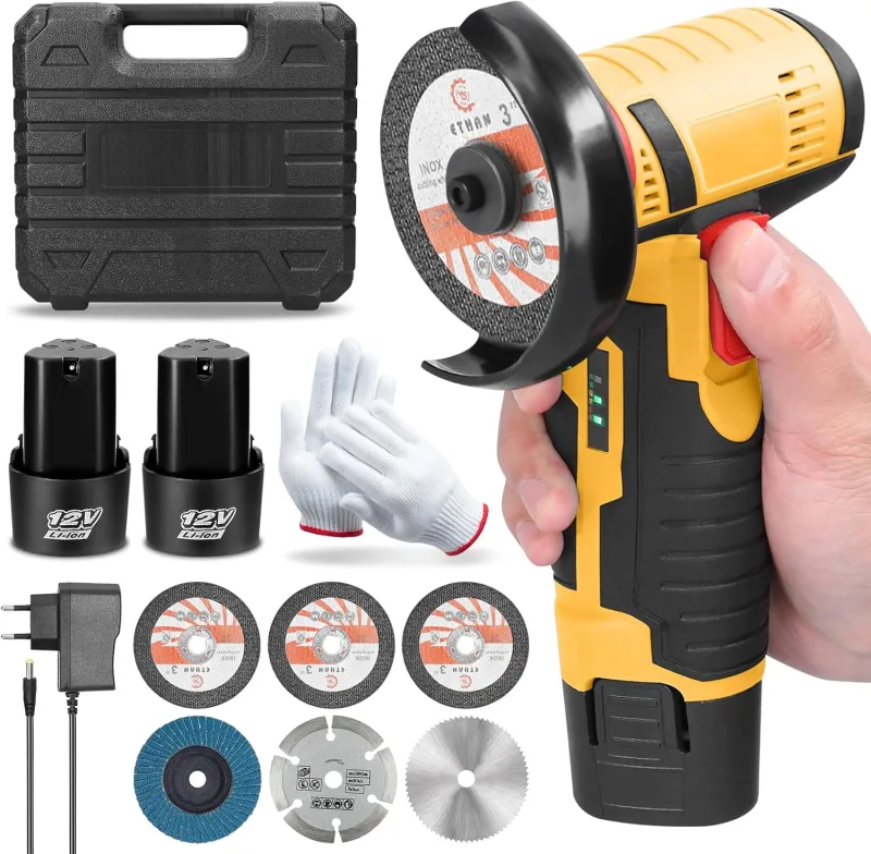 Mini Amoladora Bateria, Amoladora Angular 12V 19500 RPM con 2 Baterías de 2000mAh, Amoladora Pequeña Eléctrica para Cortar, Pulir y Lijar