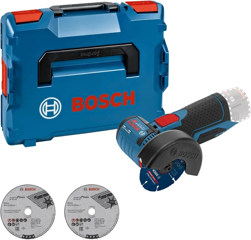 Bosch Professional 12V System amol. ang. batería GWS 12V-76 (incl. 2 discos corte Expert for Inox, 1 disco corte metal duro Carbide Multi Wheel, 2 bandejas L-BOXX, L-BOXX, sin batería/cargador)