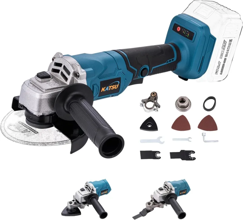 KATSU FIT-BAT 21V Amoladora Angular Inalámbrica Brushless 115mm 125mm Motor sin Escobillas con Accesorios de Adaptador Multiherramienta Oscilante para Cortar Pulir, sin Batería