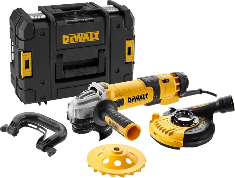DEWALT Mini-amoladora angular eléctrica, 125mm, Potente motor 1500 W, Arranque Suave + Bloqueo, Velocidad sin carga 2800-10000 rpm, Rosca M14, Sistema de extracción de polvo, DWE4257KT-QS