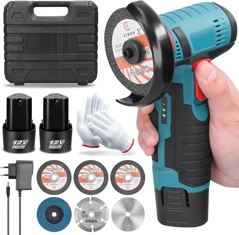 Mini Angle Grinder Battery, Cordless Angle Grinder, Cordless Grinder, 9000Rpm, with 2 Batteries of 2000mAh, 6 x Cutting Discs, for Grinding, Cutting, Polishing