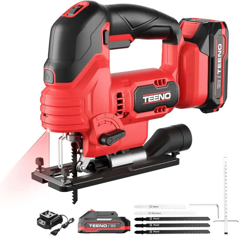 TEENO sierra de calar bateria Makita de 20V 2x2.0Ah,Caladoras para Madera con Láser,800-3000 SPM,5 cuchillas, Corte ± 45°, 6 VELOCIDADES,LED, Cortar Metal, Madera, Plástico