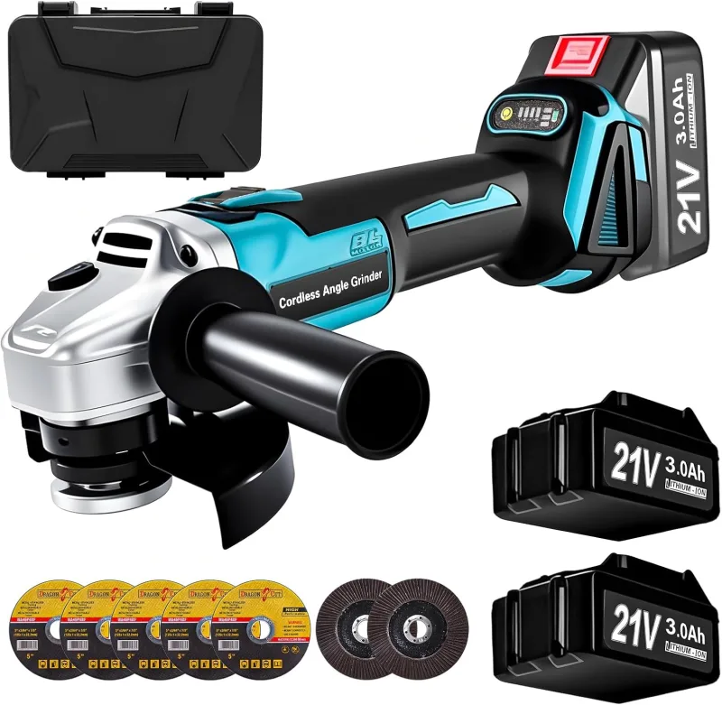 Yofuly Amoladora Bateria, 21V Amoladora Angular Inalámbrica con 2 Baterías de 3000mAh, 9000 RPM con 125mm Discos de Corte, Amoladora Pequeña Eléctrica para Cortar, Pulir y Lijar