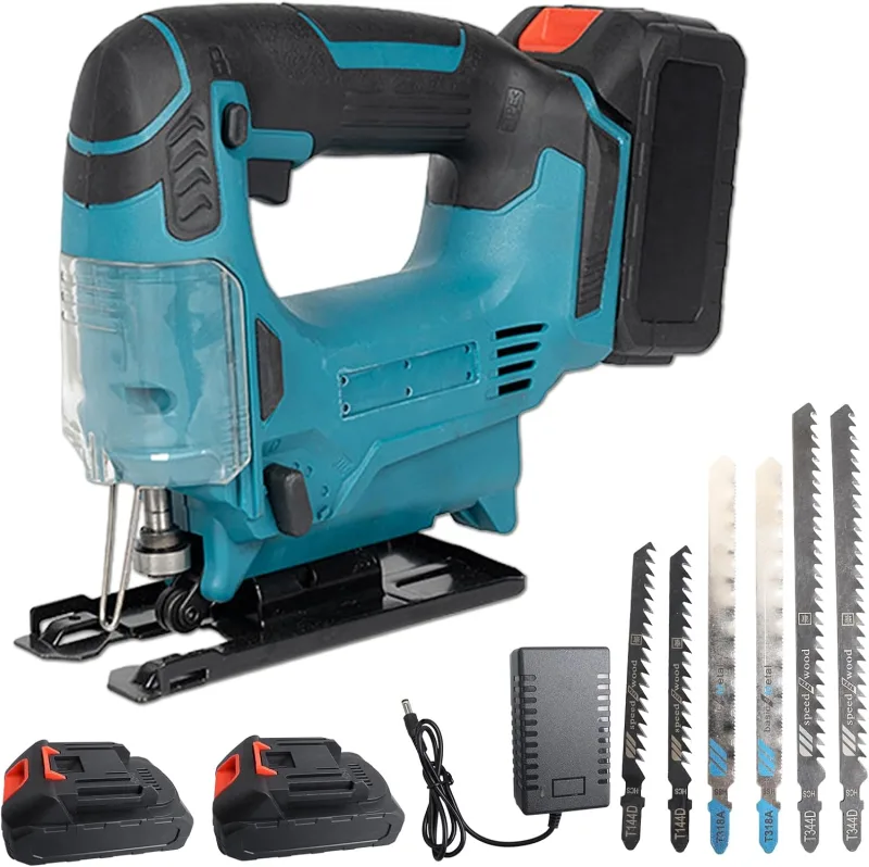 JIMACRO 3 Velocidades Sierra de Calar, Inglete ± 45° Sierra de Calar Eléctrica con 2 * 1500mAh Batería, 6 Hojas de Sierra, Caladoras Madera para Cortar Metal Madera Plástico (con batería)