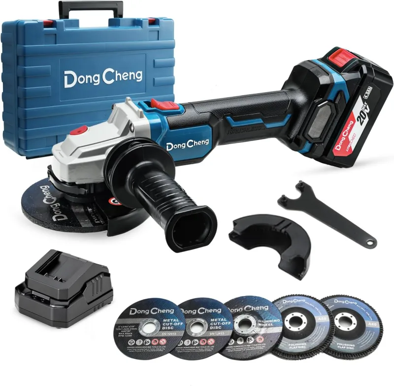 DongCheng Amoladora Angular 18V 125mm Sin Escobillas, 630W, Prof. Corte 33mm, Cubierta Cierre Rápido, Incl. Batería 4.0Ah, Cargador y 6 Discos (4 Corte, 2 Lijar)