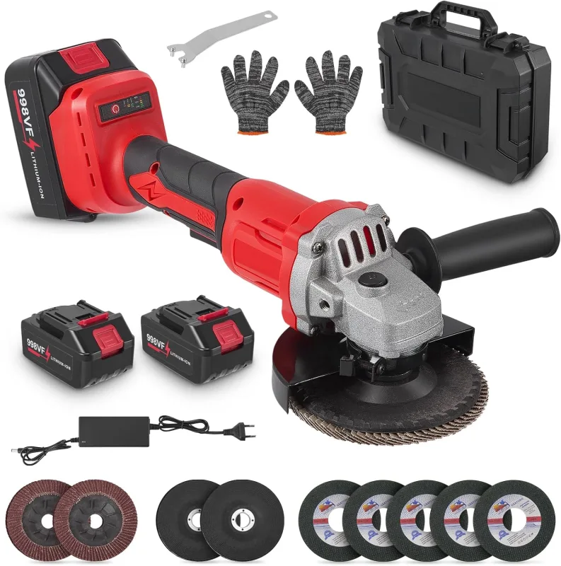 Battery Angle Grinder, 21V Cordless Angle Grinder with 2x Batteries 3.0Ah, Brushless Motor 13500RPM, 900W Cordless Grinder with Cutting Discs