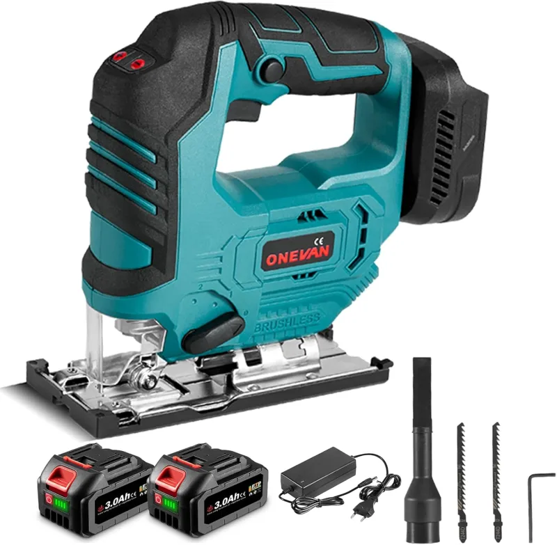 ONEVAN Sierra de calar con batería, sierras eléctricas sin escobillas con 2 baterías de 3000mAh, -45° hasta 45° de corte en bisel con 3 ajustes orbitales, 20 mm de longitud de carrera, sierra