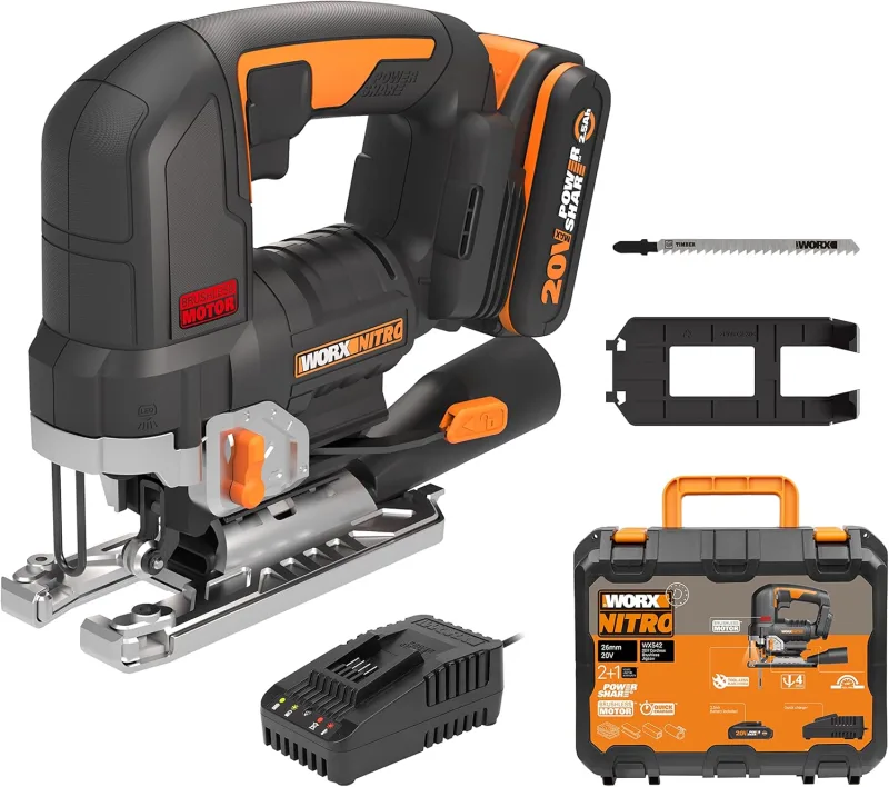 WORX Sierra de calar 20V | Power Share| WX542 Potente motor sin escobillas |1 batería de 2Ah, cargador y maletín | 3 posiciones, penduleo y tubo de aspiración