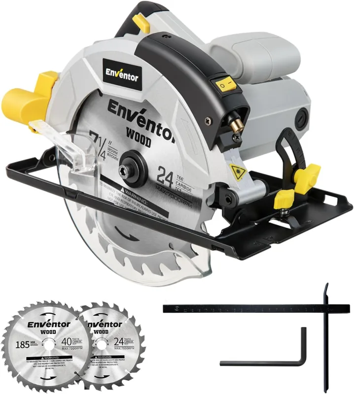 Enventor Sierra Circular 1200W, Sierra Circular de Mano 5800RPM, 2 Hojas de Sierra de 24T+40T(Ø185mm), Corte 62mm(90°)/42mm(45°), Guía Láser, para Cortar Madera, Metal Blando, Plástico