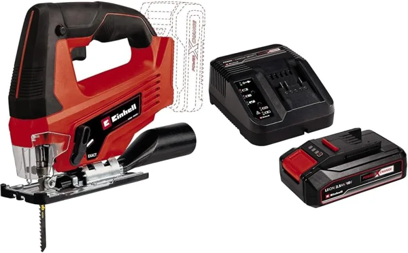 Einhell Sierra de calar a batería - TC-JS 18 Li Power X-Change, Li tio-Ion, 18 V, incluye hoja de sierra KWB para madera, carrera pendular conmutable, incluye 1 batería de 2.5Ah y cargador individual