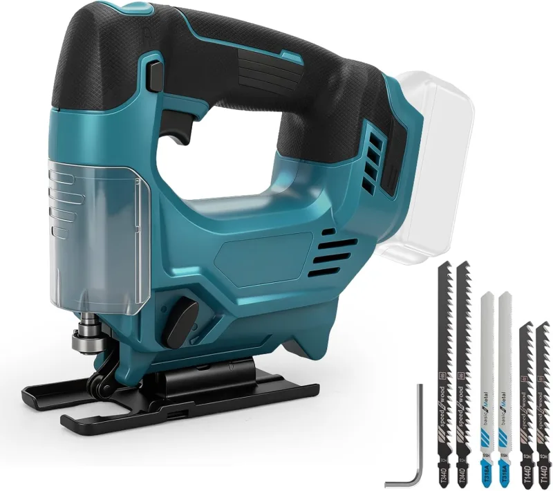 Sierra de calar inalámbrica de 420 W para batería Makita de 18 V (sin baterías), motor sin escobillas 800-3500 RPM, ángulo de biselado máximo de 45°, carrera de corte de 26 mm, 6 cuchillas