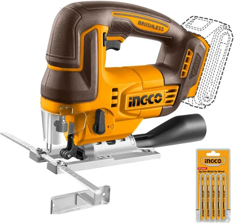Ingco Cjsli1008 Sierra de calar a batería 20 V Brushless corte madera metal recto 45° 5 cuchillas solo cuerpo