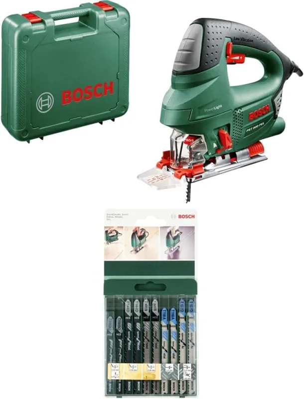 Bosch PST 900 PEL Jigsaw 620 W in Case + Bosch 2 609 256 746 10 Piece T-Shank Jigsaw Blade Set