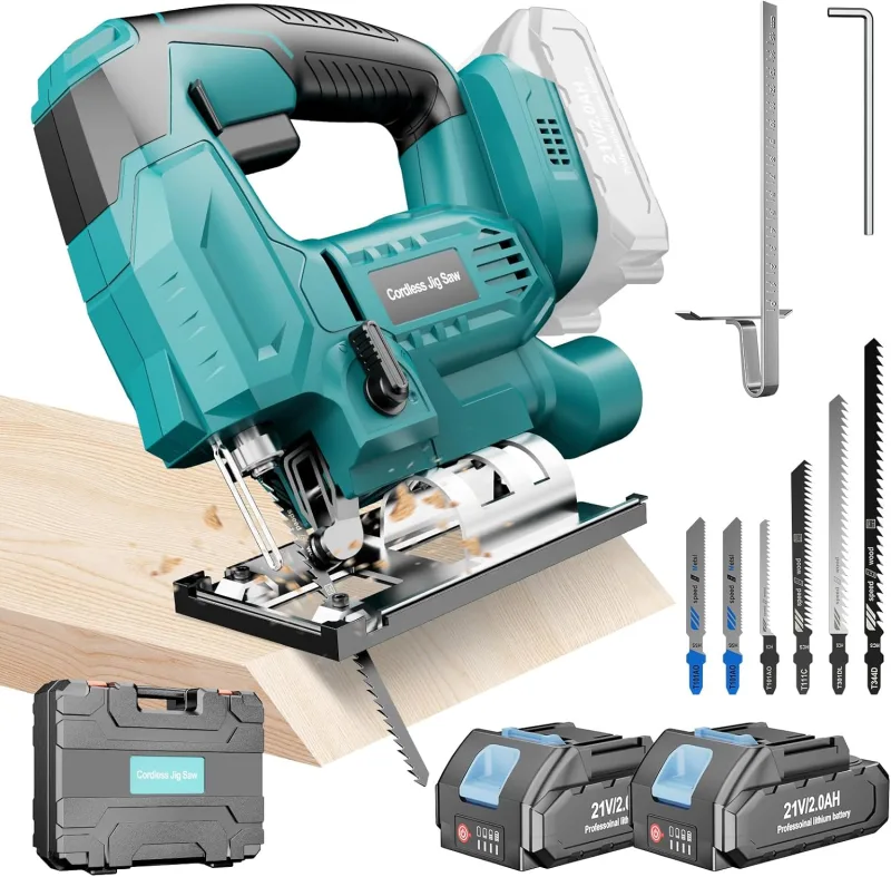 Yofuly Sierra de Calar con Batería para Makita 18V 21V, Caladora con 2 * 2000mAh baterías, Corte ± 45°, 6 Piezas de Cuchillas Sierra Calar Inalámbrica para Madera, PVC, Metal