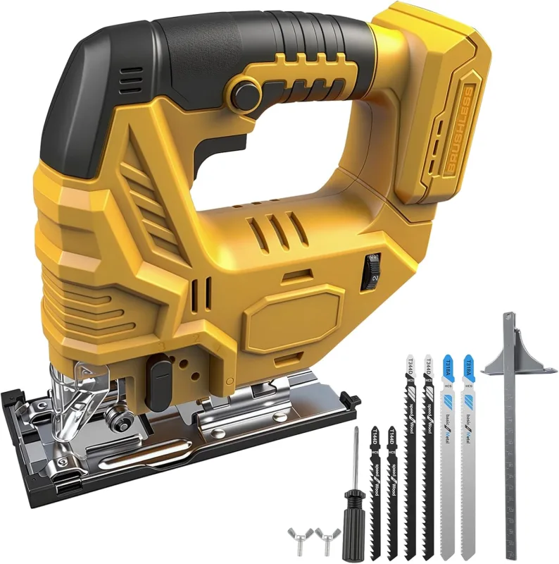 Sierra de calar eléctrica Compatible con Dewalt 18 V 20 V 800 W sin escobillas con luz LED, 5 velocidades variables, ángulo de corte de inglete ±45°, 6 piezas