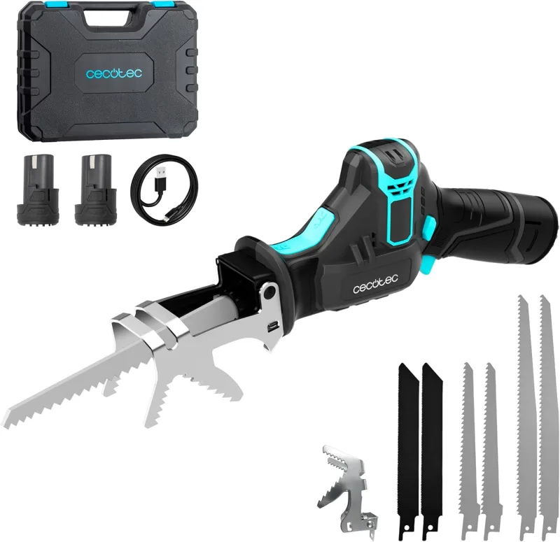 Cecotec Sierra de Sable LongFlex 1200 Home&Garden. 550W, Incluye 2 Baterías de 12V, Cortes de hasta 65mm con Recorrido de 20mm, Accesorio para Cortar Ramas, Incluye 6 Cuchillas y Maletín