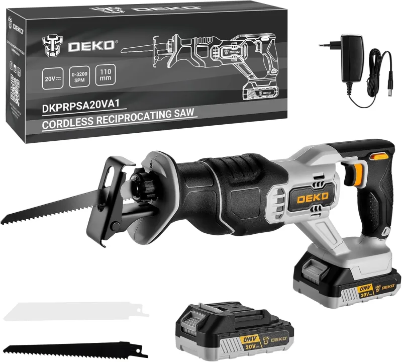 20 V Cordless Reciprocating Saw, DEKOPRO Cordless Reciprocating Saw Battery with 2.0Ah Battery and 2 Saw Blades, 0-3200 SPM, LED Lights, Tool-Free Blade Change, for Cutting Wood and Metal