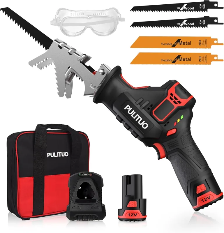 Cordless Reciprocating Saw Kit, PULITUO 12V Reciprocating Saw with Variable Speed 0-2700RPM, Reciprocating Saw Kit, 2.0Ah Battery & 1h Quick Charger, 4 Saw Blades for Cutting Wood and Metal