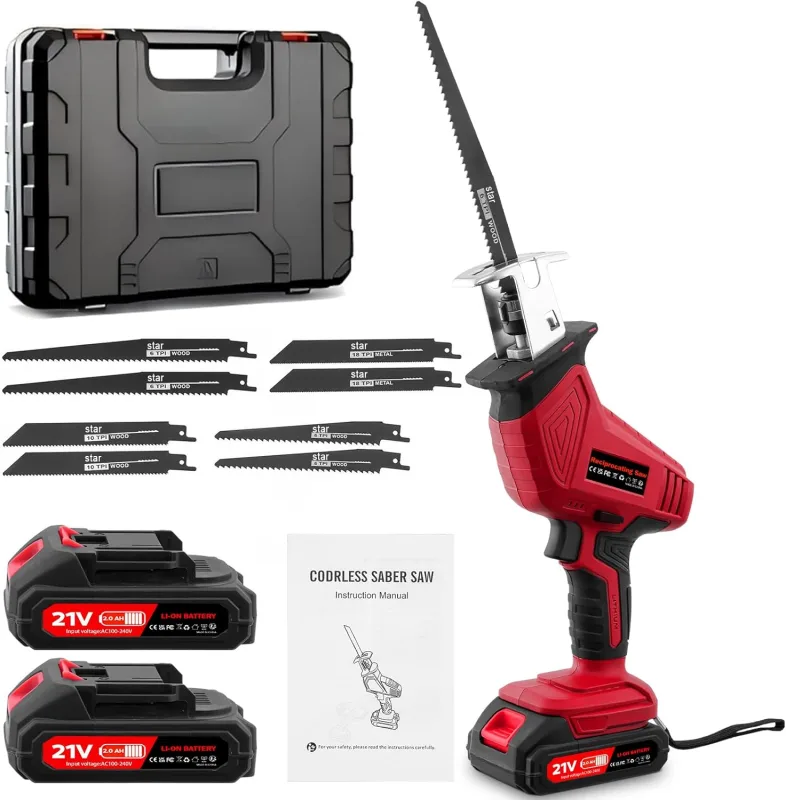 Recipro Saw with Battery Universal 0-4000 RPM 21V Cordless Recipro Saw with LED Light and 2 Batteries 2000mAh Fast Charger 8 Saw Blades for Wood Metal PVC Red
