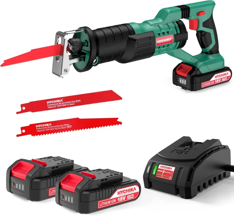 HYCHIKA 18V Cordless Reciprocating Saw with 2 Batteries 2.0Ah, 0-2800 SPM, 2 Saw Blades, Quick Charger, LED Lights, Ideal for Cutting Wood and Metal