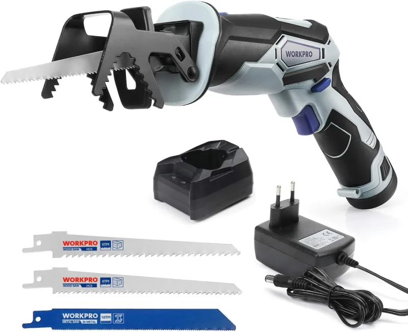 WORKPRO Sierra Sable Inalámbrica, Sierra Alternativa 12 V con Batería de 2000 mAh, Velocidad Variable hasta 2900 rpm, Carga Rápida, Podadora Inalámbrica con 3 Hojas de Sierra para Madera y Metal