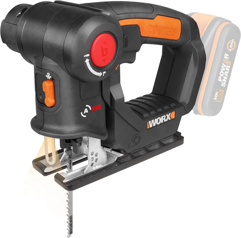 WORX WX550.9 Asis 20V Jig and Saber Saw, Fast Blade Change, Penduleo and Bevel, Double Ignition, LED, In-Line Blower Cutting, Metal and Wood on Site or Workshop, Without Battery or Charger