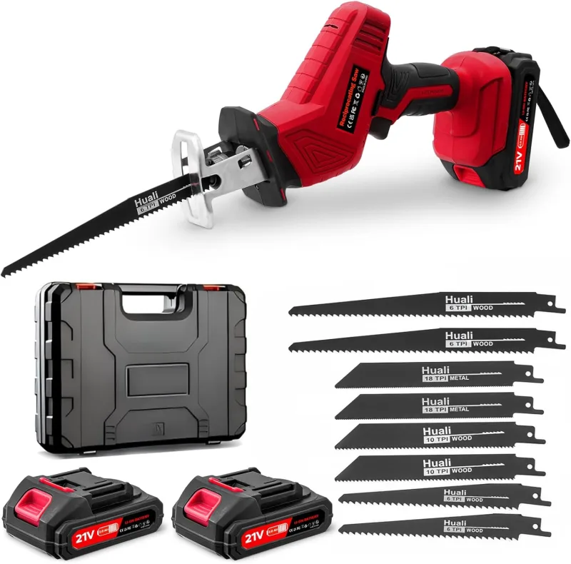 Reciprocating Saw 21V, 0-4000 RPM Variable Speed Electric Saw with 2 x 2.0Ah Batteries, Cordless Electric Saw with 8 Blades for Cutting PVC/Wood/Metal – Red