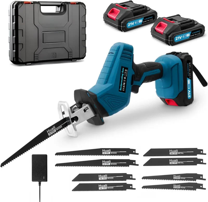 Viugreum Cordless Reciprocating Saw 21V, Reciprocating Saw Variable Speed 0-4000 RPM, Reciprocating Saw with 2 Batteries 2.0Ah, Brushless Motor, LED Light, 8 Blades for Wood, PVC and Plastic, Blue