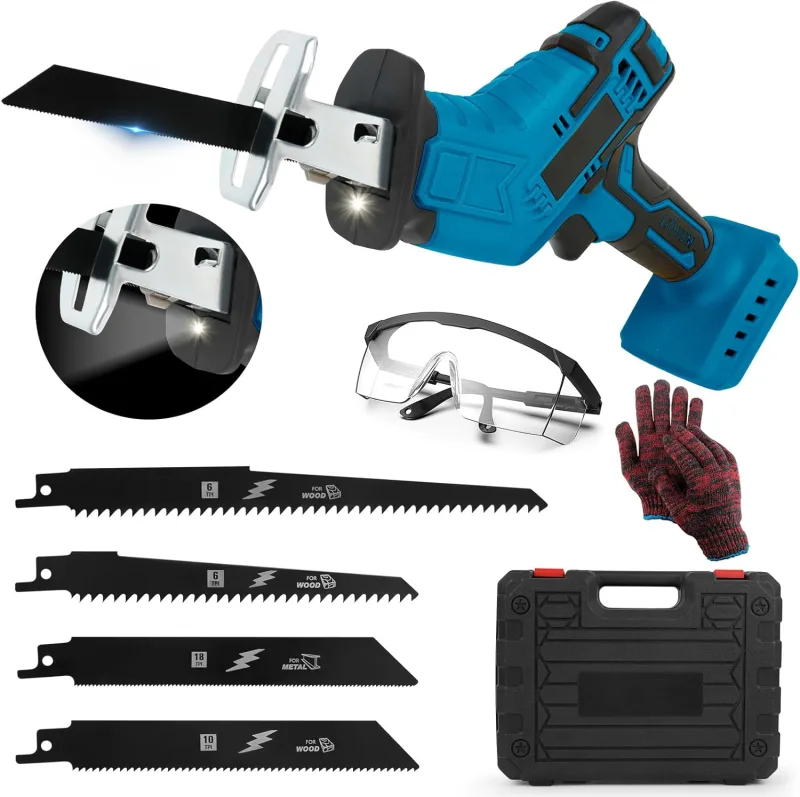Battery Reciprocating Saw Compatible with Makita 18V, 4 Blade Reciprocating Saw, Safety Lock and LED Light, for Metal, Wood, PVC Pipes, Tree Pruning (No Battery or Charger Included)