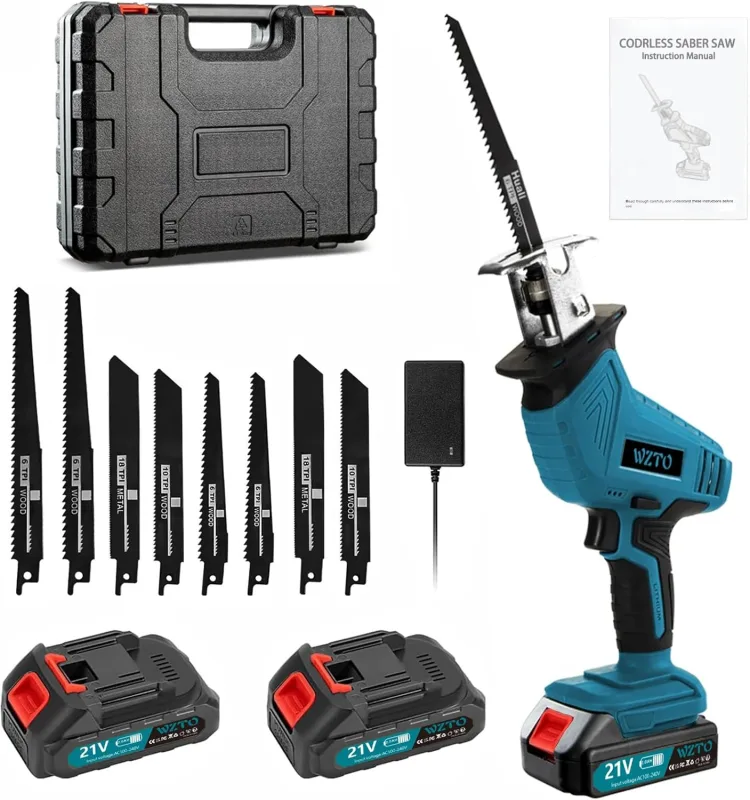 Reciprocating Saw, 0-4000 RPM Variable Speed Electric Saw, 21V Cordless Wood Saw, Metal Saw, PVC with 2 Batteries, 8 Saw Blades