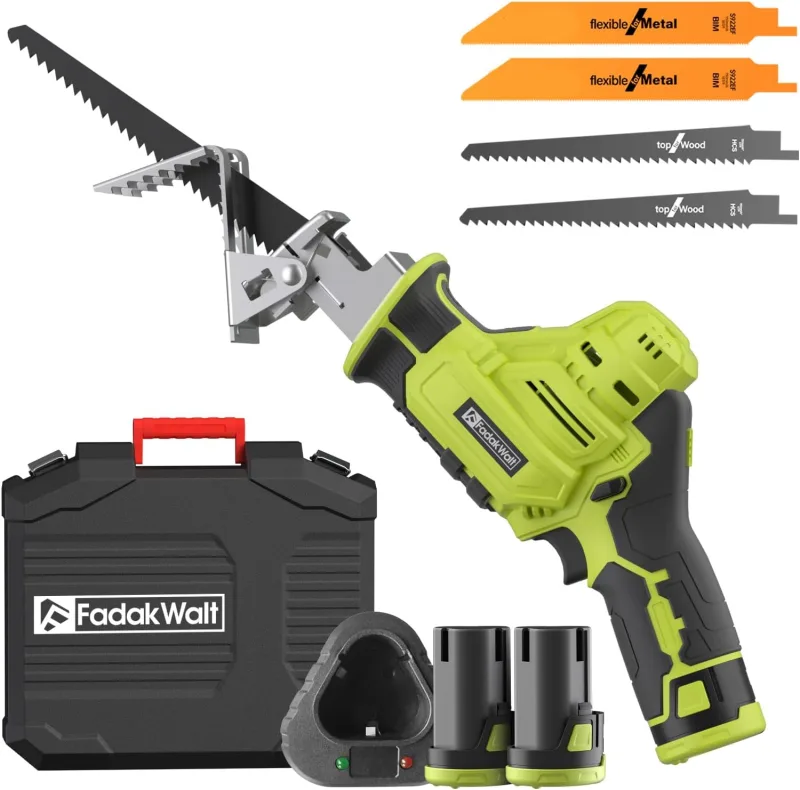 FADAKWALT 12V Cordless Reciprocating Saw with Variable Speed 0-2700RPM, Green Reciprocating Saw Kit, 2 x 2.0Ah Battery & LED Lights, 4 Saw Blades for Cutting Wood and Metal