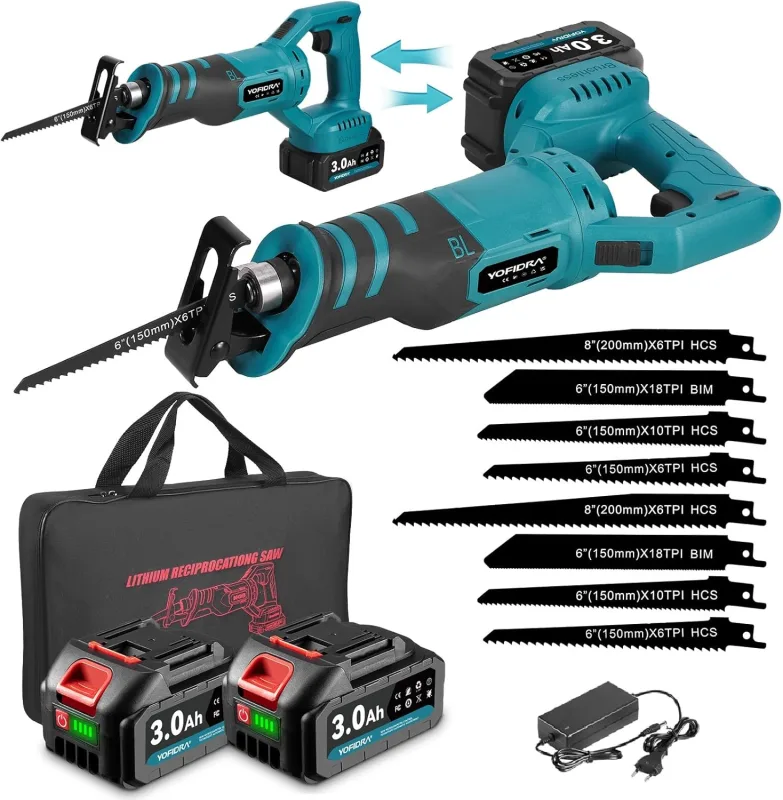 Yofidra Battery Reciprocating Saw, 3600 SPM Brushless Motor with 180° Rotating Head, Electric Reciprocating Saw for Wood and Steel, 8 Saw Blades and 2 x 3000mAh Batteries