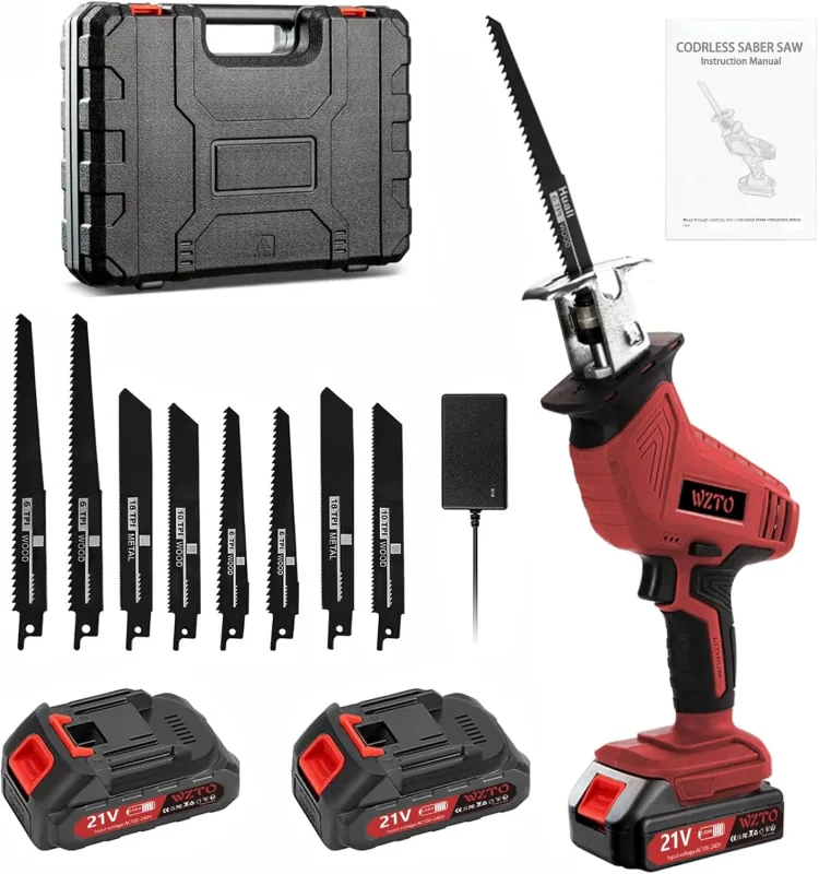 Reciprocating Saw, 21V Electric Reciprocating Saw, 1280W 0-4000RPM Variable Speed Cordless Reciprocating Saw with 2 Batteries and 8 Blades, Saw with LED Light for Cutting Wood, Metal, Orange