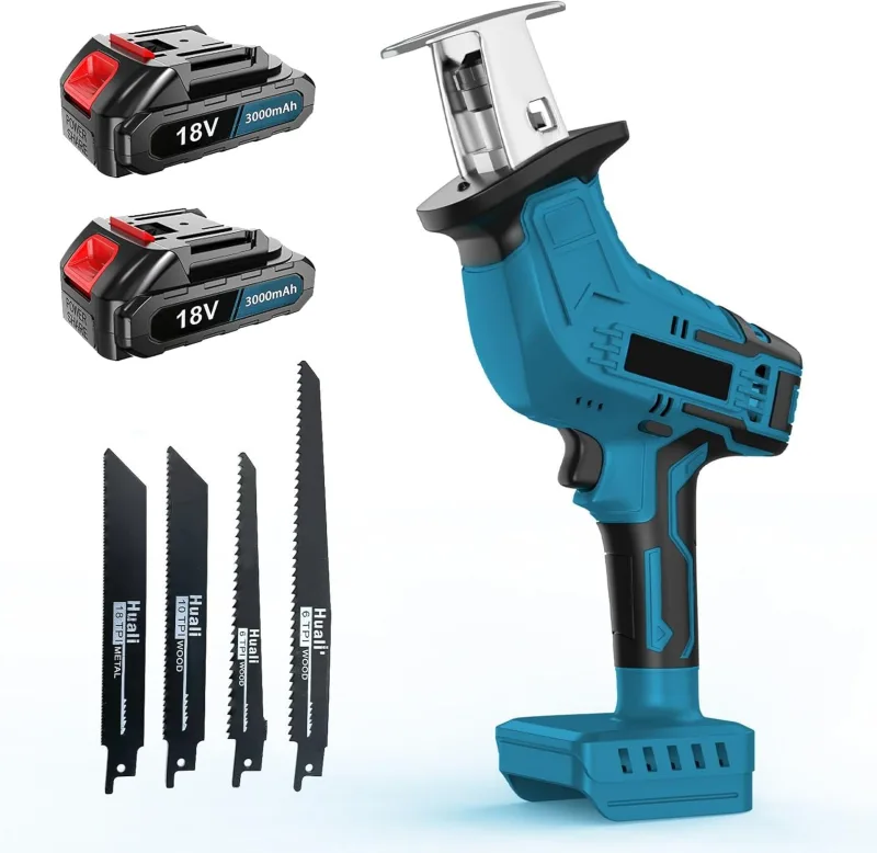Battery Operated Reciprocating Saw with 2 Batteries 3000mAh Variable Speed 0-3000spm, 18V Cordless Reciprocating Saw with 4 Saw Blades, for Metal, Wood, PVC Pipes, Tree Cutting