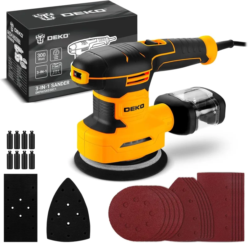 DEKOPRO Lijadora Orbital 3 en 1: Lijadora Orbital Con Cable de 300W, 13000RPM, Con 15 Hojas De Papel de Lija, Juego de Lijadoras Eléctricas de 6 Velocidades Para Carpinteros.