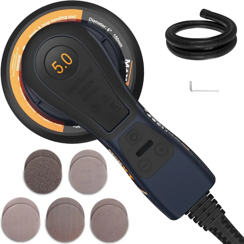 MAXXT Lijadora excéntrica sin escobillas de 5,0 mm, 230 V, con cableado trinúcleo, versátil lijadora eléctrica con ritmo variable y 10 discos abrasivos, con cable