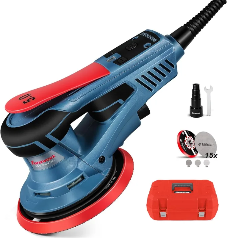 FANZWORK Lijadora rotorbital EZ150A, 350W, órbita de 5 mm, disco de 150 mm, 7 velocidades, freno de disco, 15 lijas, disco de repuesto y maletín de transporte.