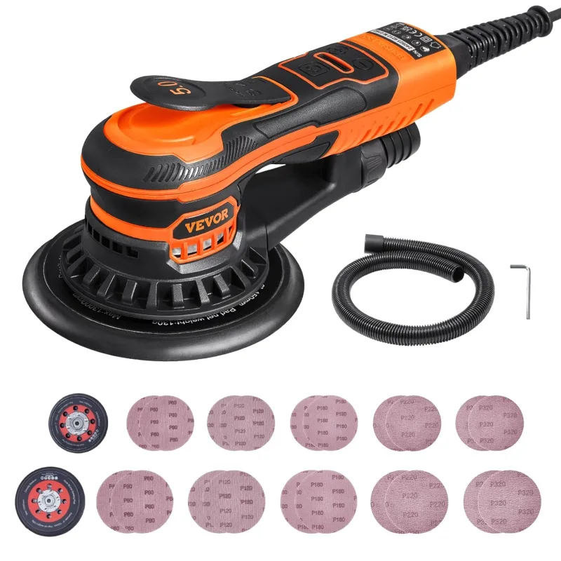 VEVOR 350W Brushless Random Orbital Sander, 6 Speed, 10,000 PRM, 20 Sandpapers, Dust Connector and Woodworking Detail Sanding Hose, 255 x 150 x 110 mm