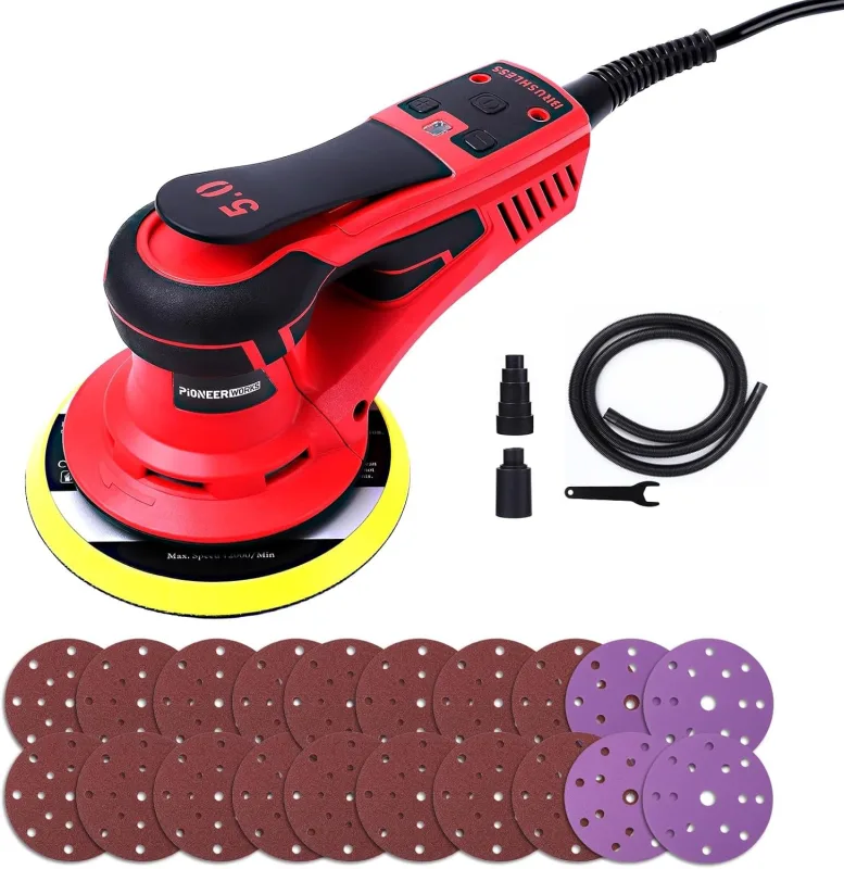 Lijadora Excéntrica 5.0 mm sin Escobillas PioneerWorks, 350W Lijadora Orbital 150mm, 4000-10000RPM, para Superficies de Madera, Incluye 12 Hojas de Papel de Lija