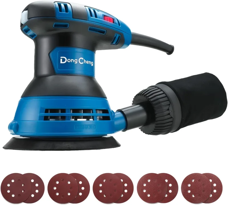 DongCheng Lijadora orbital aleatoria 300W, 125mm, 6 velocidades, 4.000-12.000 rpm con colector de polvo y 10 lijas, ideal para proyectos de carpintería y bricolaje