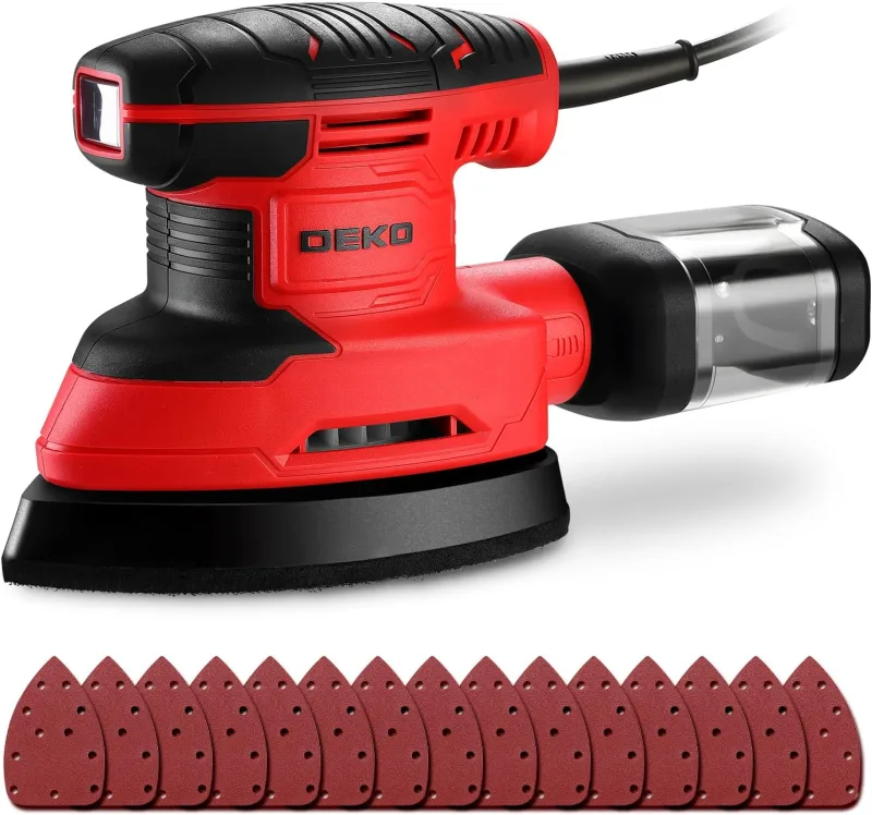 DEKOPRO Lijadora Electrica de 180W, Herramienta de Lijadora Orbital, 13000 RPM, con 15 Hojas de Papel de Lija - Lijado y Pulido de la Eliminación de la Madera, Rojo