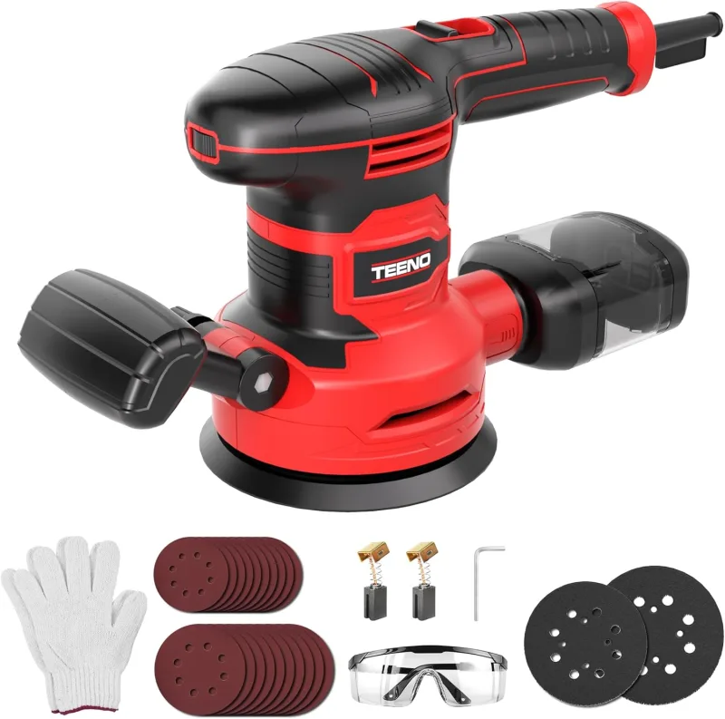 TEENO Lijadora Orbital 450W, 6 Velocidades, 13000 RPM,Ø125/150mm, 20 Discos Abrasivos, Recolección de Polvo, Cable 2m – Con Gafas y Guantes – Para Madera, Metal, Plástico