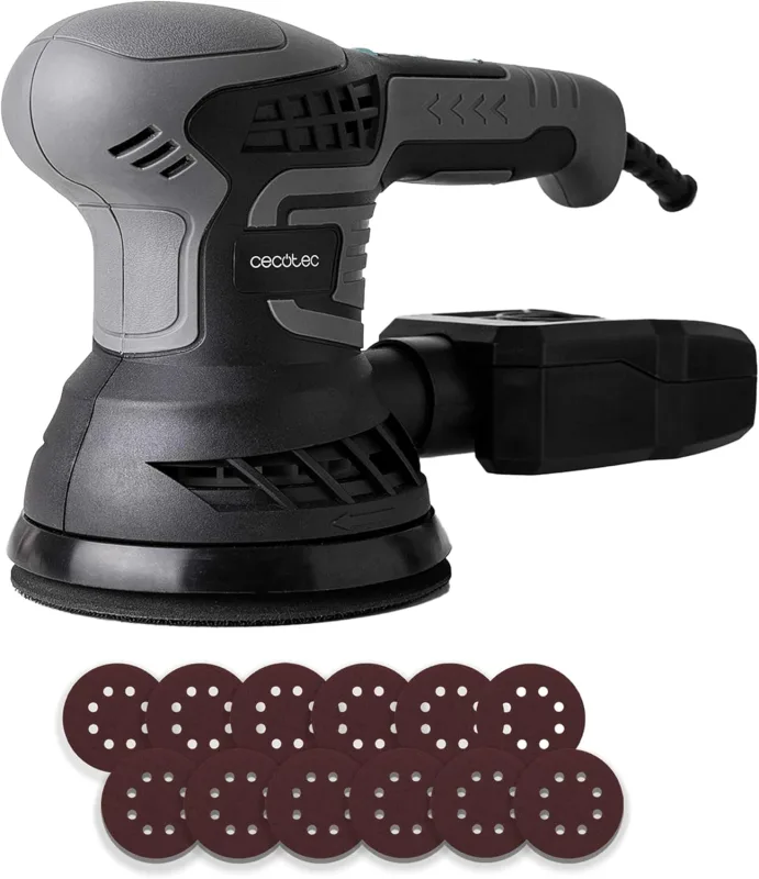 Cecotec Lijadora Rotorbital PerfectSurface 350 Rotate. 350W, 13000rpm, 12 Recambios, Depósito de Polvo, Conexión para el Aspirador, Doble Movimiento Excéntrico, 26000mov/min, Cable de 3m