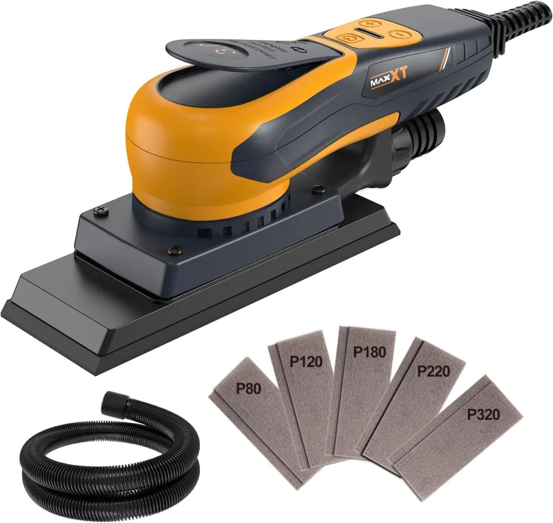 MAXXT Lijadora orbital 3.0 sin escobillas 350W, velocidad ajustable 4000-10000/RPM, freno automático 2s, recogida automática de polvo, superficie de lijado 198x70mm, 10 hojas abrasivas