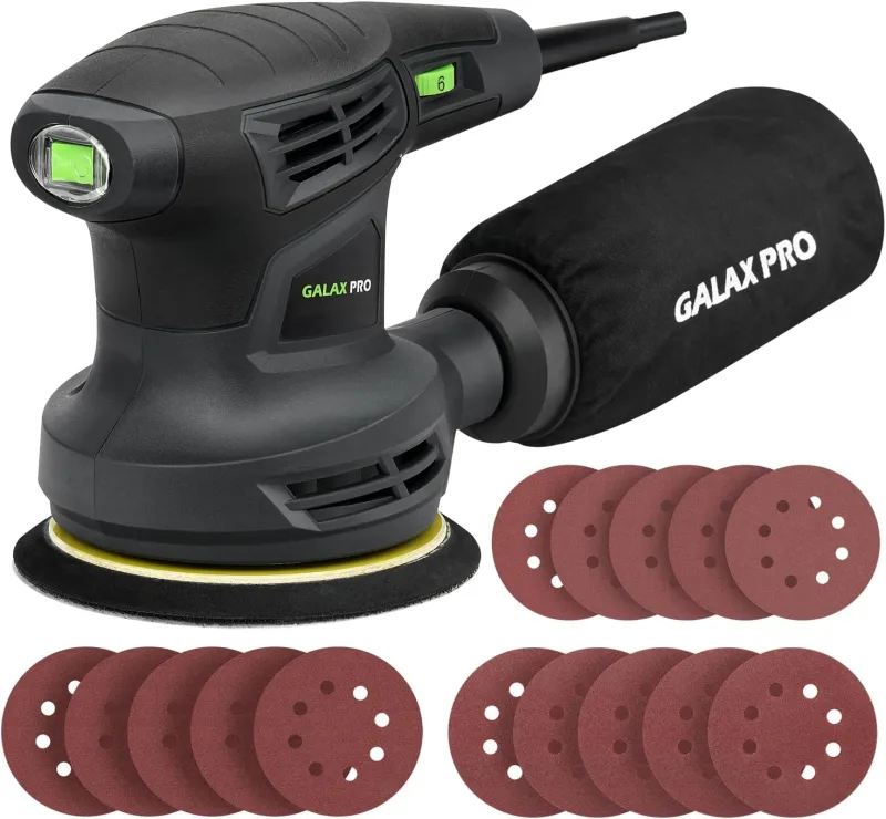 GALAX PRO Lijadora Orbital, 280W 6000-13000 RPM 6 Velocidades Variables Lijadora Rotorbital, 15 Hojas de 125 mm Discos Abrasivos, Polvo Sistema de Recogida, ideal para bricolaje