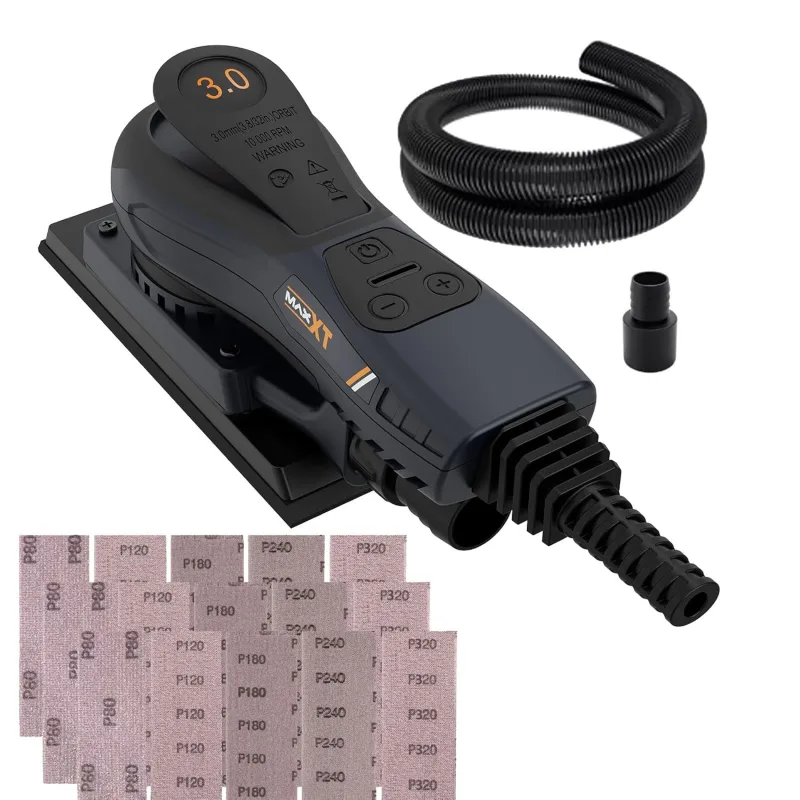 Lijadora Orbital Electrica con Cable, MAXXT Lijadora Orbital Electricas sin Escobillas 3mm 350W Velocidad Ajustable 4000-10000/RPM, Incluye 15 Hojas de Papel de Lija